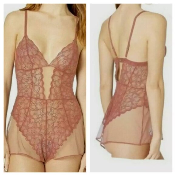 NEW DKNY Lace Mesh Teddy Romper Sheer Bodysuit S Pajamas Pink Women's L - Picture 10 of 10